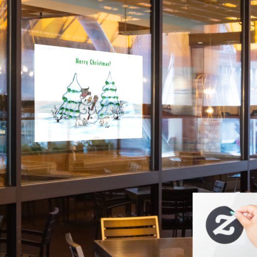 Autocollant Pour Fenêtre Joyeux Noël ! Snowman avec chat et chiot (Fenêtre du restaurant)