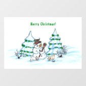 Autocollant Pour Fenêtre Joyeux Noël ! Snowman avec chat et chiot (Feuille)