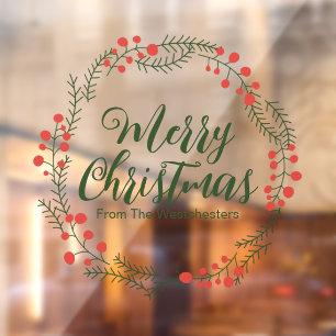 Autocollant Pour Fenêtre Joyeux script vert de Noël cadre de couronne rusti