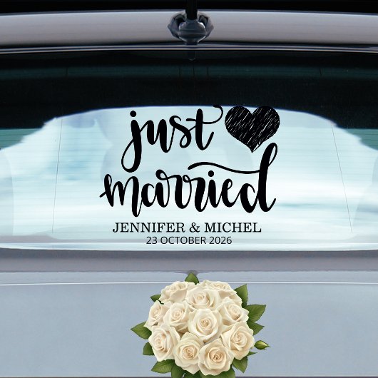 Autocollant Pour Fenêtre Just Married romantic black script wedding car