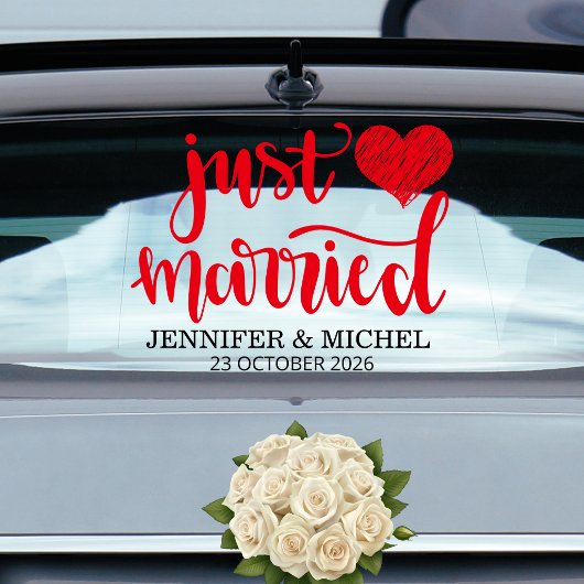 Autocollant Pour Fenêtre Just Married romantic red script wedding car