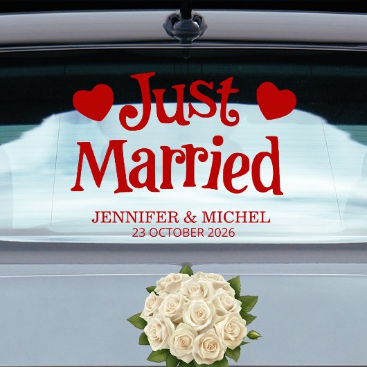 Autocollant Pour Fenêtre Just Married romantic red script wedding car