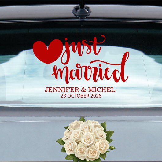 Autocollant Pour Fenêtre Just Married romantic red script wedding car