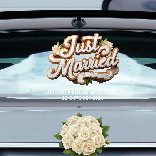 Autocollant Pour Fenêtre Just Married white gold script wedding car