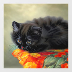 Autocollant Pour Fenêtre Kitten noir vintage avec couverture de fleurs roug