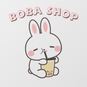 Autocollant Pour Fenêtre Lapin mignon buvant du bubble tea, thé aux perles