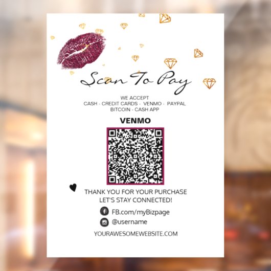 Autocollant Pour Fenêtre *~* LIPS DIAMONDS Scannez pour PAYER Code QR (Feuille 2)