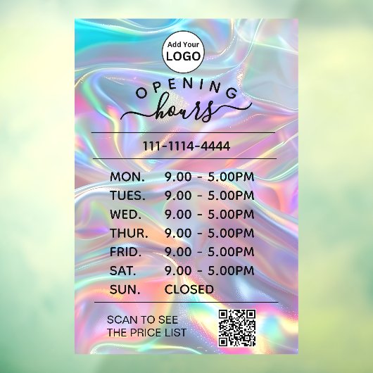 Autocollant Pour Fenêtre Logo des heures d'ouverture holographique et code (Feuille 3)