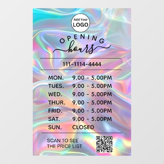 Autocollant Pour Fenêtre Logo des heures d'ouverture holographique et code (Feuille)