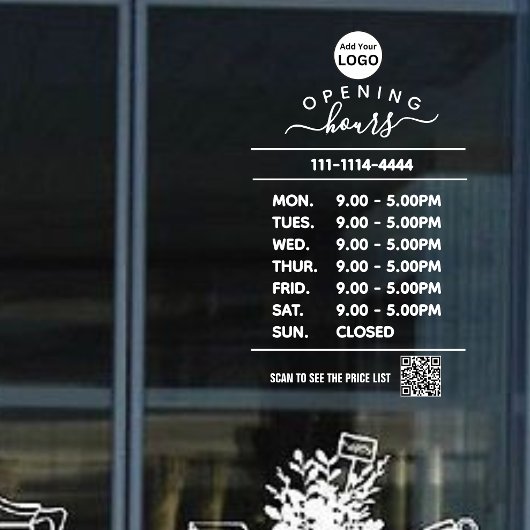 Autocollant Pour Fenêtre Logo des heures d'ouverture White Business et code