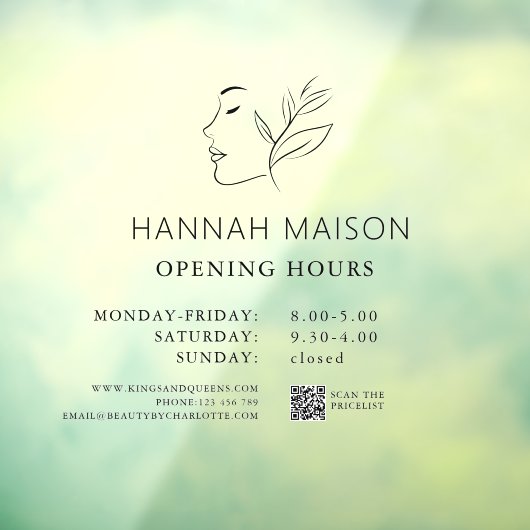 Autocollant Pour Fenêtre Logo féminin moderne, Heures d'ouverture et code Q (Feuille 3)