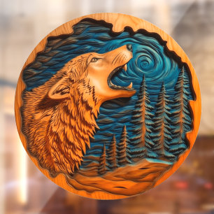 Autocollant Pour Fenêtre Loup Hurlement Lune Fausse Sculpture sur Bois Natu