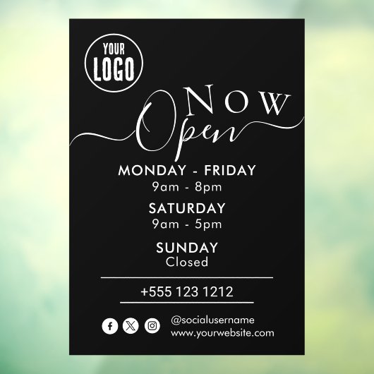 Autocollant Pour Fenêtre Maintenant ouvert | Heures d'ouverture Logo NOIR (Feuille 3)