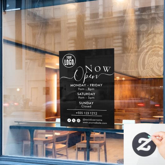 Autocollant Pour Fenêtre Maintenant ouvert | Heures d'ouverture Logo NOIR (Fenêtre de café)
