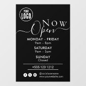 Autocollant Pour Fenêtre Maintenant ouvert | Heures d'ouverture Logo NOIR (Feuille)