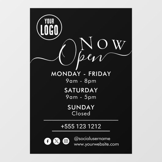 Autocollant Pour Fenêtre Maintenant ouvert | Heures d'ouverture Logo NOIR (Feuille)