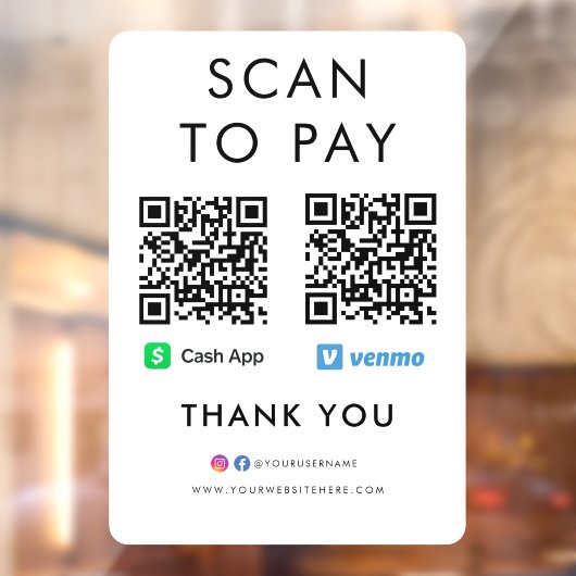 Autocollant Pour Fenêtre Merci Cash App Venmo Scan pour payer le code QR bl (Feuille 2)