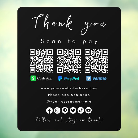 Autocollant Pour Fenêtre Merci Paypal Venmo Cash App Qr Code noir (Feuille 3)