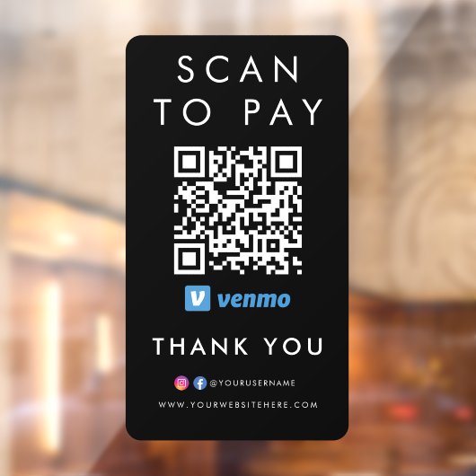 Autocollant Pour Fenêtre Merci Venmo Modern Scan pour payer QR Code noir (Feuille 2)