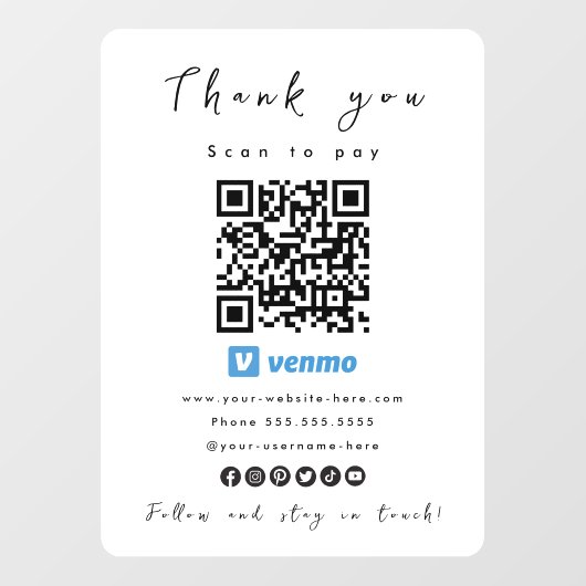 Autocollant Pour Fenêtre Merci Venmo QR Code Scan pour payer blanc (Feuille)