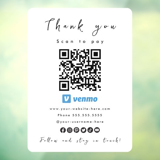 Autocollant Pour Fenêtre Merci Venmo QR Code Scan pour payer blanc (Feuille 3)