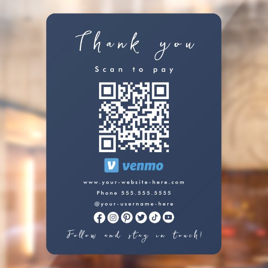 Autocollant Pour Fenêtre Merci Venmo QR Code Scan pour payer Marine Blue (Feuille 2)