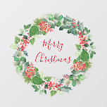 Autocollant Pour Fenêtre Merry Christmas Winter Foliing Wreath<br><div class="desc">Cette conception comprend une couronne d'aquarelle avec un feuillage vert luxuriant,  des baies d'hiver et du houx. Le texte est personnalisable.</div>