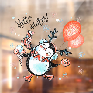 Autocollant Pour Fenêtre Mignon Bonjour Hiver Joyeux Manchot Renne Bois de