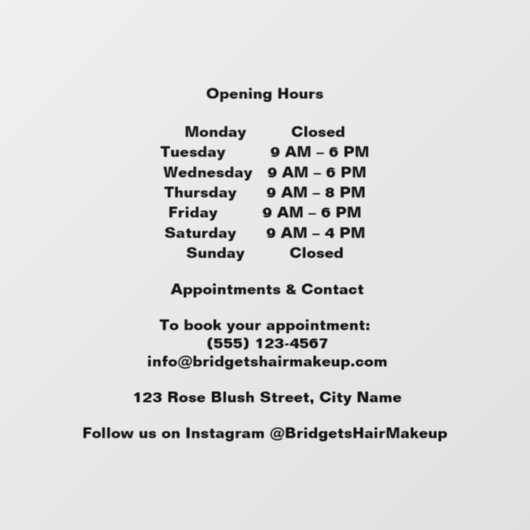 Autocollant Pour Fenêtre Minimal Black Transparent salon Opening Hours (Feuille)