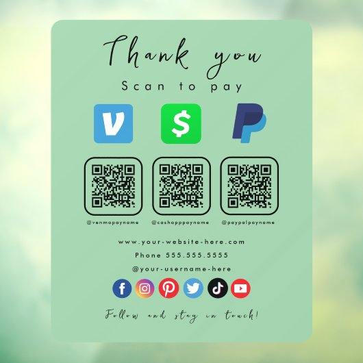 Autocollant Pour Fenêtre Mint Green Multi QR Code Paypal Venmo Cash App (Feuille 3)