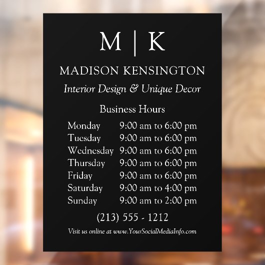 Autocollant Pour Fenêtre Monogramme ou ajouter un logo Heures d'ouverture N (Feuille 2)