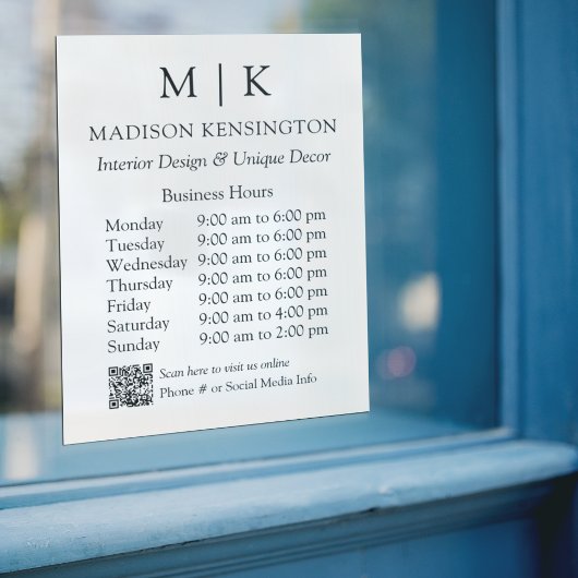 Autocollant Pour Fenêtre Monogramme ou ajouter un logo Heures d'ouverture Q