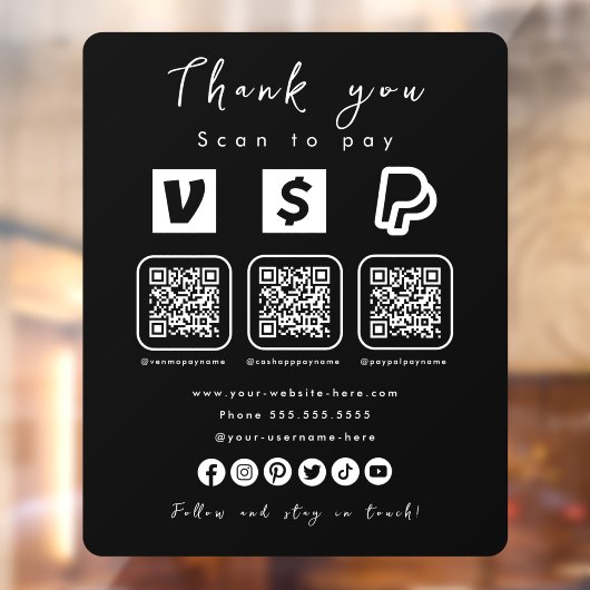 Autocollant Pour Fenêtre Multi QR Code Paypal Venmo Cash App Black (Feuille 2)