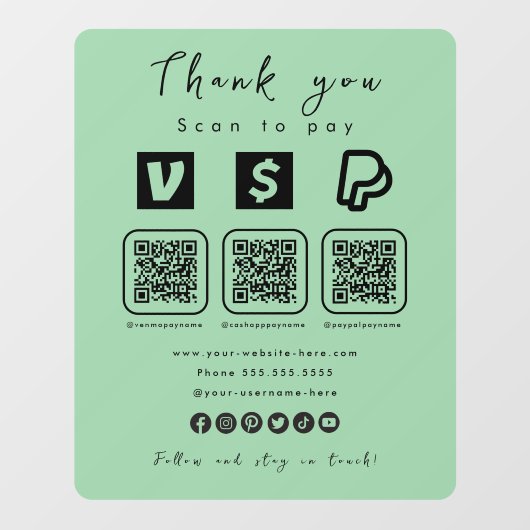 Autocollant Pour Fenêtre Multi QR Code Paypal Venmo Cash App Mint Green (Feuille)