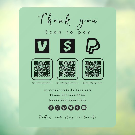 Autocollant Pour Fenêtre Multi QR Code Paypal Venmo Cash App Mint Green (Feuille 3)