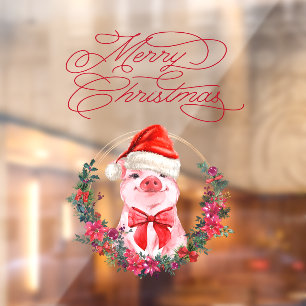 Autocollant Pour Fenêtre Noël Cochon mignon Fun Blanc Rouge Joyeux Noël