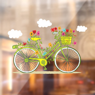 Autocollant Pour Fenêtre Nuages de Bicyclettes Florales Fantaisistes dans l