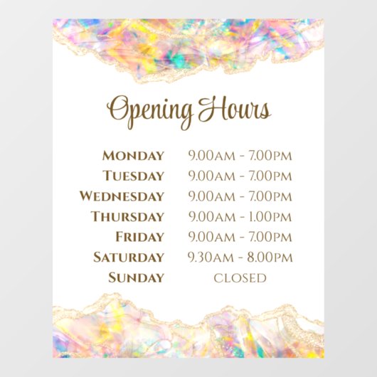 Autocollant Pour Fenêtre Opal Design Opening Hours Window Cling (Feuille)