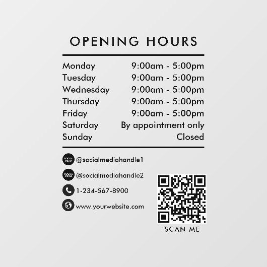 Autocollant Pour Fenêtre Ouverture des heures d'ouverture Code QR Horaires (Feuille)