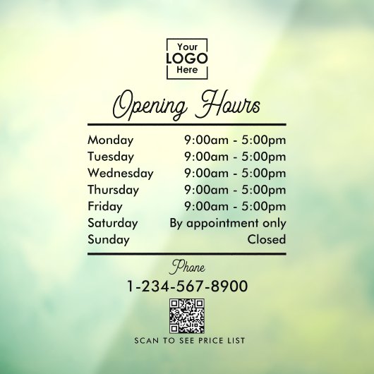 Autocollant Pour Fenêtre Ouverture des heures d'ouverture Logo Noir Script  (Feuille 3)