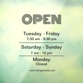 Autocollant Pour Fenêtre Ouverture des heures d'ouverture Script noir trans (Feuille 3)