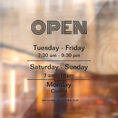 Autocollant Pour Fenêtre Ouverture des heures d'ouverture Script noir trans (Feuille 2)