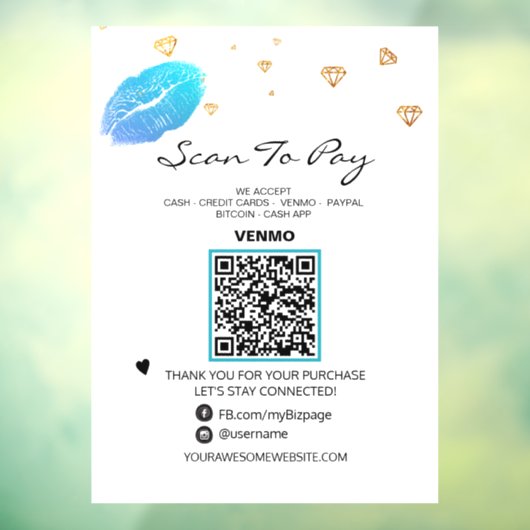Autocollant Pour Fenêtre *~* Paiement Beauté Paiement QR code LIPS Clôture  (Feuille 3)