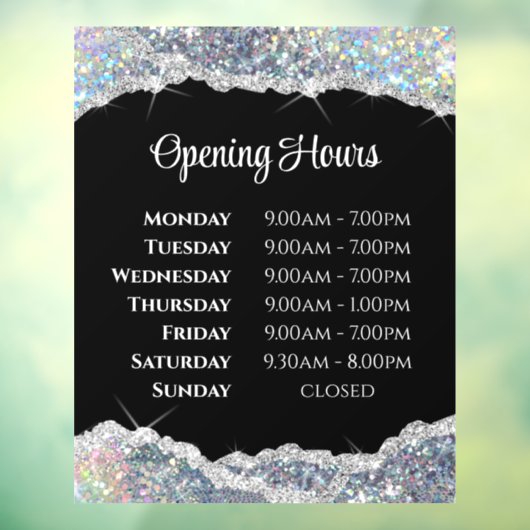 Autocollant Pour Fenêtre Parties scintillant Argent Faux Heures d'ouverture (Feuille 3)