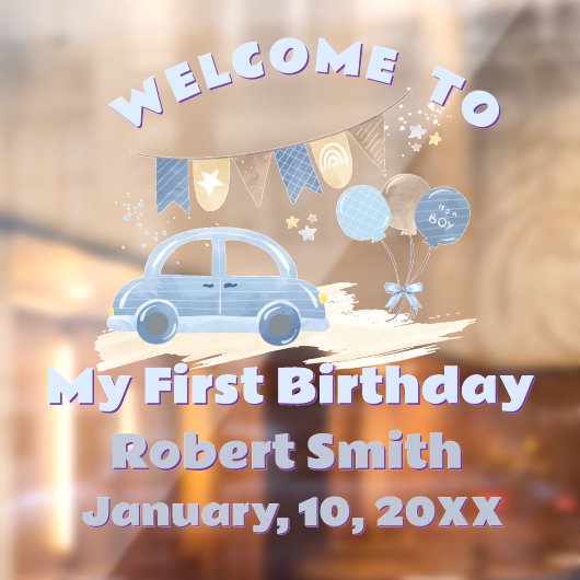 Autocollant Pour Fenêtre  Pastel Blue Car with Balloons First Birthday (Feuille 2)