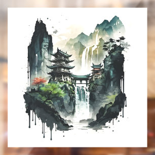 Autocollant Pour Fenêtre Paysage antique de l'encre chinoise avec cascade