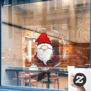 Autocollant Pour Fenêtre Père Noël Gnome avec Couronne de Fleurs de Houx En