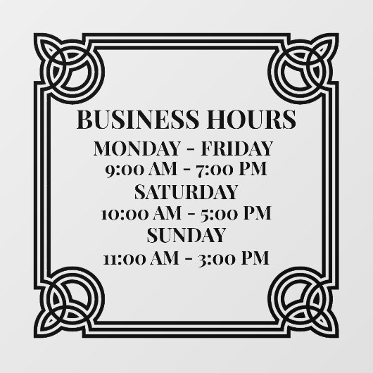 Autocollant Pour Fenêtre Personnaliser les heures d'affaires ornementales V (Feuille)