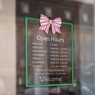 Autocollant Pour Fenêtre Pink Striped Bow Green Frame Open Hours Number