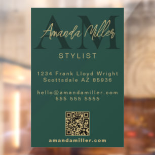 Autocollant Pour Fenêtre QR Code Moderne Minimaliste Monogramme Vert et Or